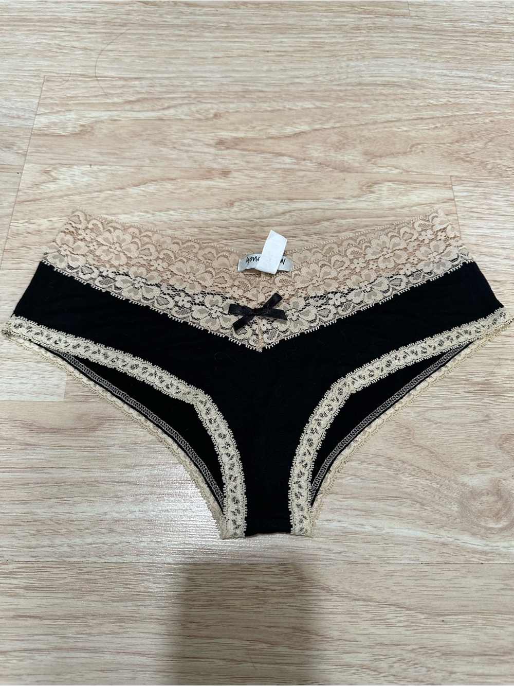 Black Lace-Trim Hipster Panty with Nude Lace Accents by Honeydew M